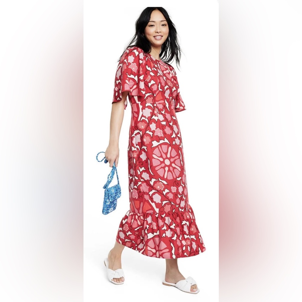 NEW RHODE x Target Bell Sleeve Midi Dress Zinnia Floral Print Linen Blend Red 6